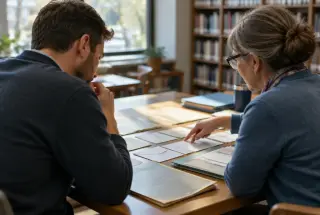 Former service member reviewing medical and administrative papers with an adviser in a quiet library.